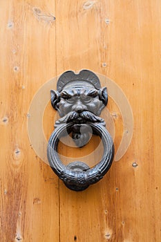 Ancient male head knocker on old wood door