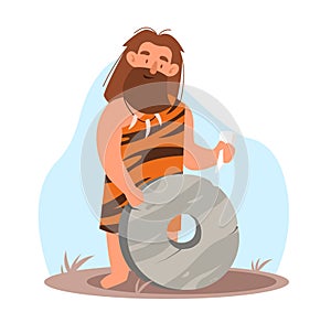 Ancient man with beard makes wheel out of stone. Stone age people, tiger skin clothes. Prehistoric time character. Homo