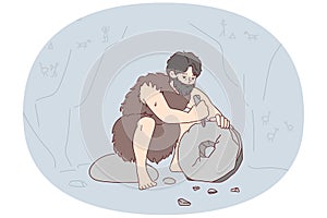 Ancient man with beard who lives in cave uses stone tool to create wheel. Vector image