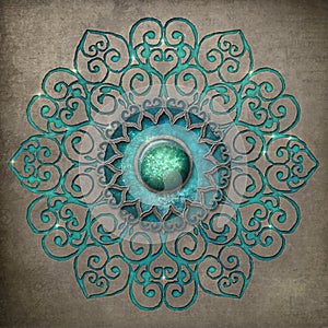 Ancient mandala etched in turquoise