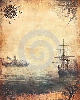 An ancient map of the world featuring a ship and a compass upon it