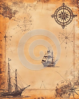 An ancient map of the world featuring a ship and a compass upon it