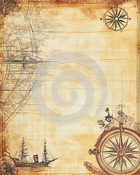 An ancient map of the world featuring a ship and a compass upon it
