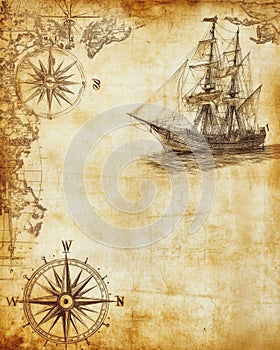 An ancient map of the world featuring a ship and a compass upon it