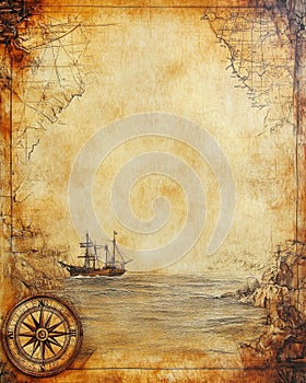 An ancient map of the world featuring a ship and a compass upon it