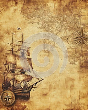 An ancient map of the world featuring a ship and a compass upon it