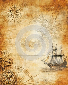 An ancient map of the world featuring a ship and a compass upon it