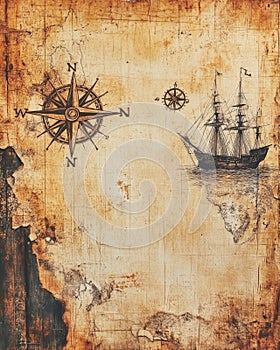 An ancient map of the world featuring a ship and a compass upon it