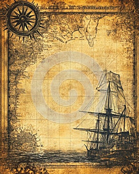 An ancient map of the world featuring a ship and a compass upon it