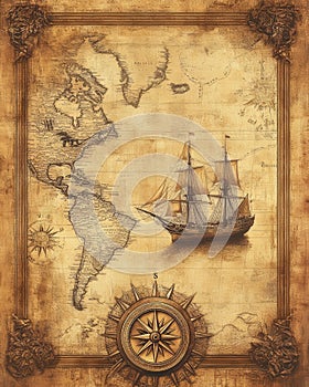 An ancient map of the world featuring a ship and a compass upon it