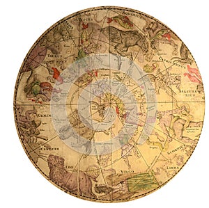 Ancient map of Zodiac circle with planets and twelve astrological signs