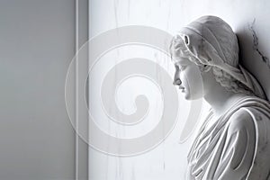 Ancient marble statue of a young woman near empty wall. Greek sculpture with copy space for text. Antique female sculpture, bust,
