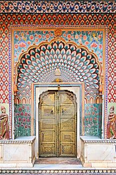 Ancient Marvelous Door at The City Palace of Jaipur in Rajastan Region of India photo