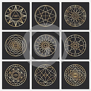 Ancient masonic pentagrams. Steampunk gold sacred vector symbols on dark backgrounds