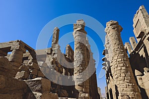 Ancient Massive Columns of Karnak Temple Complex in the Great Hypostyle Hall in the Precinct of Amun-Re