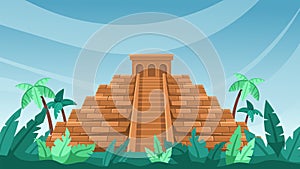 Ancient Maya pyramid. Mesoamerican architecture with lush tropical foliage cartoon vector background illustration