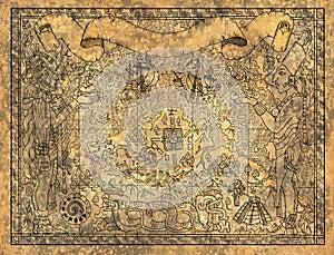 Ancient mayan or aztecs map with gods, old ships and temple on paper textured background photo