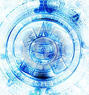 Ancient Mayan Calendar, abstract color Background, computer collage.