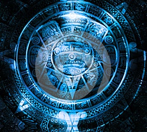 Ancient Mayan Calendar, Cosmic space and stars, abstract color Background, computer collage.