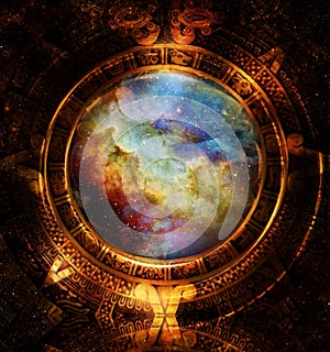 Ancient Mayan Calendar, Cosmic space and stars, abstract color Background, computer collage.