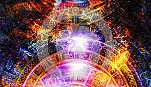 Ancient Mayan Calendar, Cosmic space and stars, abstract color Background, computer collage.