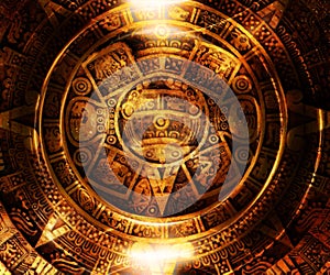 Ancient Mayan Calendar, Cosmic space and stars, abstract color Background, computer collage.