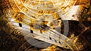 Ancient Mayan Calendar and Music note, Cosmic space with stars, abstract color Background, computer collage.