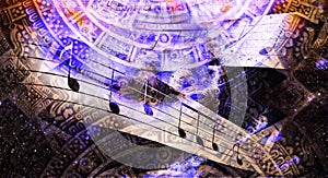 Ancient Mayan Calendar and Music note, Cosmic space with stars, abstract color Background, computer collage.