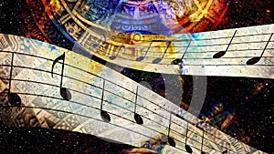 Ancient Mayan Calendar and Music note, Cosmic space with stars, abstract color Background, computer collage.