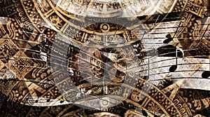 Ancient Mayan Calendar and Music note, Cosmic space with stars, abstract color Background, computer collage.