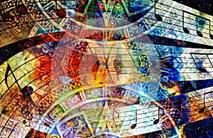 Ancient Mayan Calendar and Music note, Cosmic space with stars, abstract color Background, computer collage.