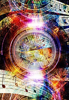 Ancient Mayan Calendar and Music note, Cosmic space with stars, abstract color Background, computer collage. light