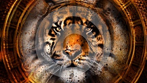 Ancient Mayan Calendar and Tiger head, abstract color Background, computer collage, Eye contact.