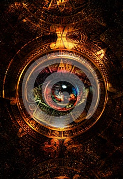 Ancient Mayan Calendar and woman eye, abstract