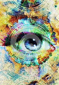 Ancient Mayan Calendar and woman eye, abstract color Background, computer collage.