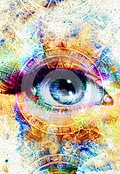 Ancient Mayan Calendar and woman eye, abstract color Background, computer collage.