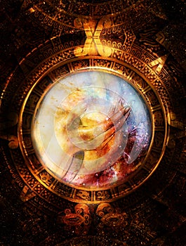 Ancient Mayan Calendar and woman hand in cosmic space. computer collage