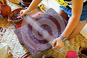 Ancient mayan chocolate making with metate grinding stone photo