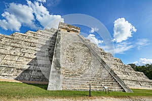 Ancient Mayan pyramid Kukulcan Temple, Chichen Itza, Yucatan, Mexico. UNESCO world heritage site. Isolated on white background