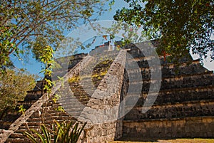 Ancient Mayan pyramid with steps. The old ruined city of the Maya. Chichen-Itza, Mexico. Yucatan