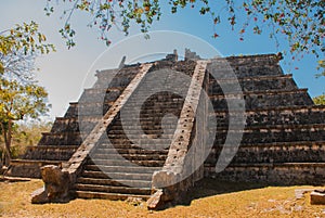 Ancient Mayan pyramid with steps. The old ruined city of the Maya. Chichen-Itza, Mexico. Yucatan