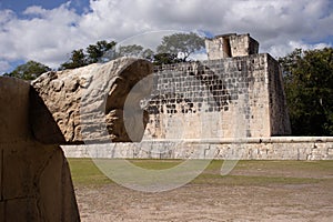 Ancient Mayan ruin of the ball game seen through kukulkan the feathered serpent of the Mayas