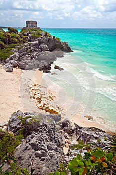 Ancient Mayan ruins temple on the beach of Tulum