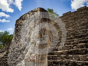 Ancient Mayan sculpture with hieroglyphic writing in Calakmul, M