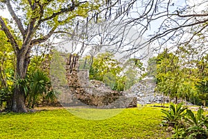 Ancient Mayan site with temple ruins pyramids artifacts Muyil Mexico