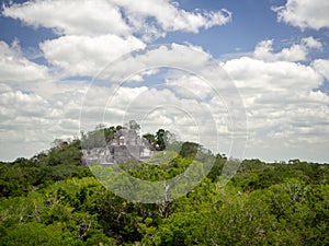 Ancient Mayan stone structure rising out of the jungle canopy at