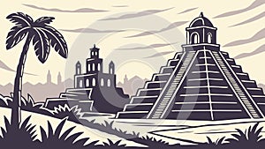 Ancient Mayan Temple and Pyramid with Palm Trees, vector design Generative AI
