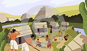 Ancient Mayan village with huts. Maya civilization life. Native American, Indian tribe cooking, working. Aztec pyramids