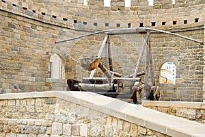 Ancient medieval catapult at tower of fortress in Old City, Baku