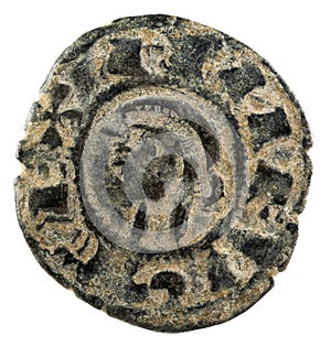 Ancient medieval fleece coin of the King Alfonso VIII. Dinero. Coined in Toledo. Spain. Obverse. photo